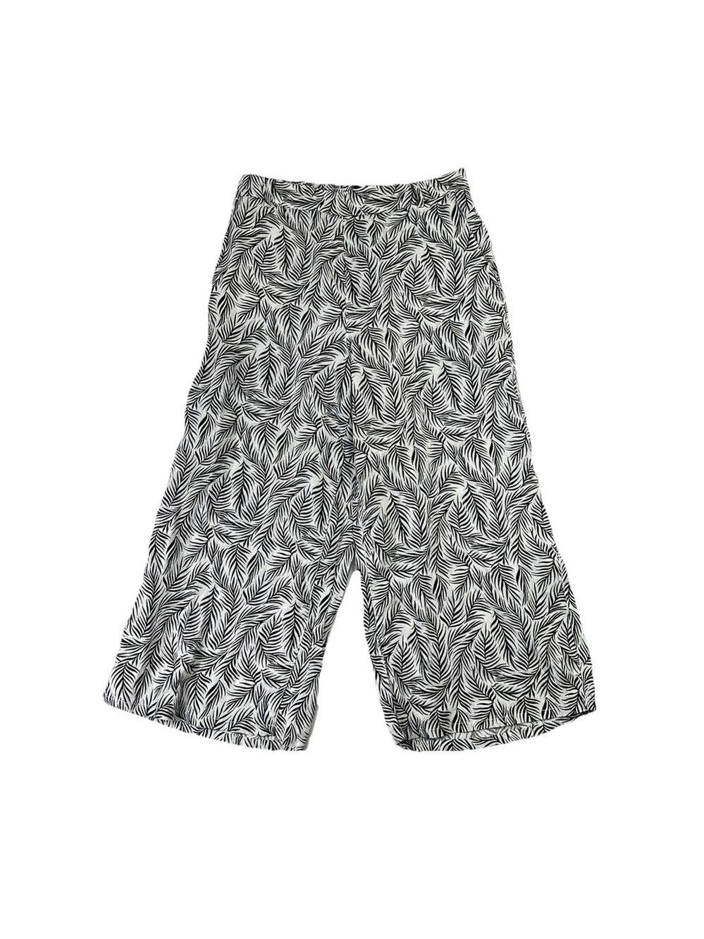 Tahari Wide Leg Crop Pants Black White 100% Linen Large Leaf Pull On Tropical - Picture 2 of 10